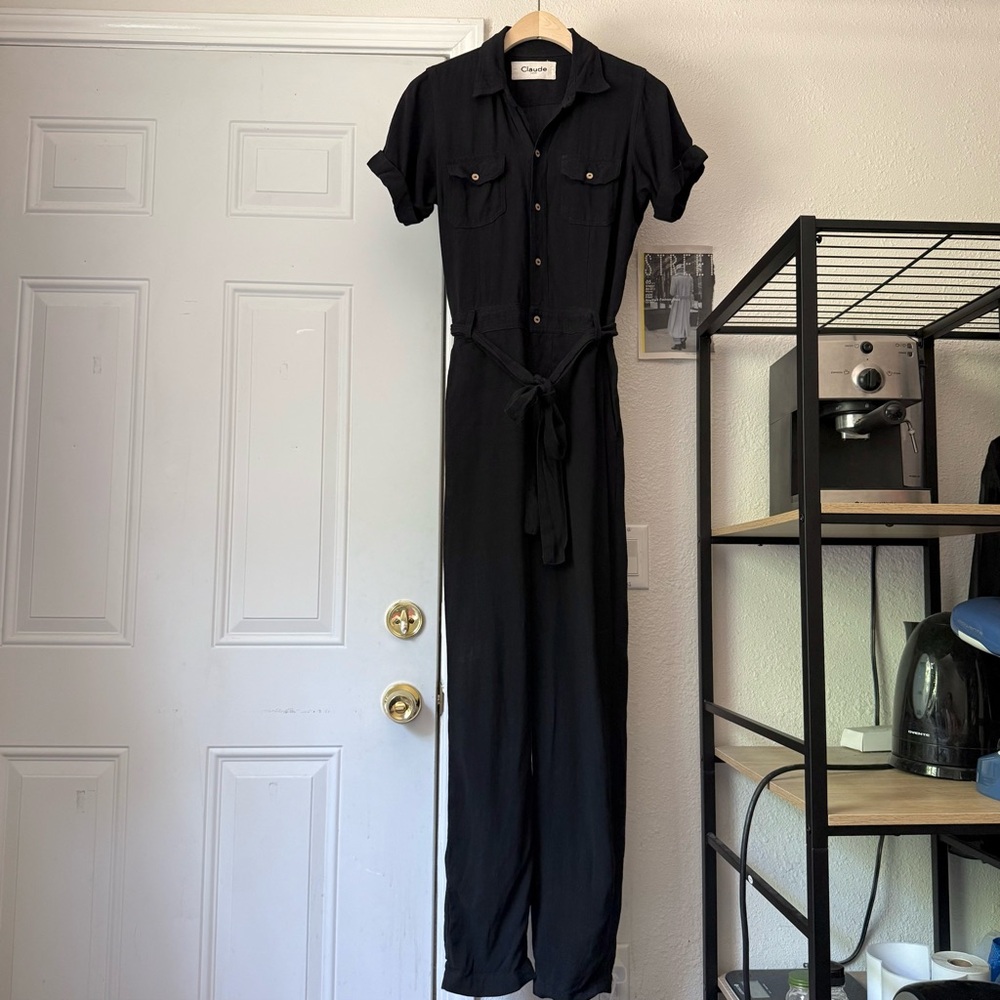 CLAUDE tulum black linen‎ button up utility short sleeve work chore jumpsuit